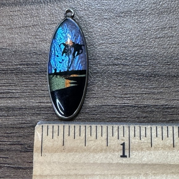 Vintage Blue Morpho Butterfly Wing Pendant With Tropical Palm Tree & Water 1.25" - Picture 2 of 4
